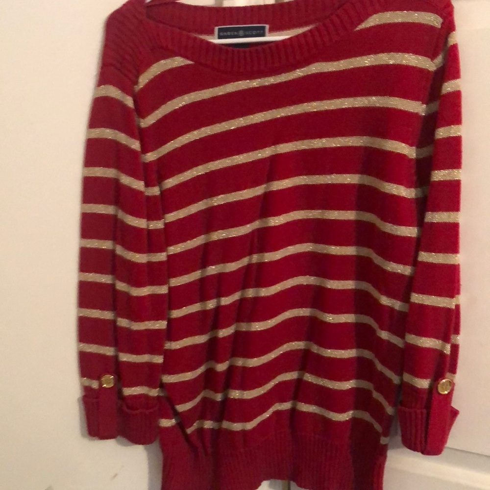 Karen Scott red and sparkly gold striped sweater
